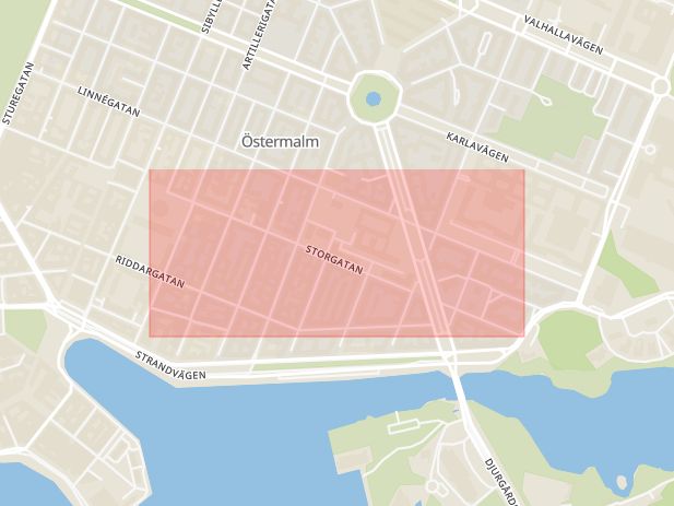 Karta som med röd fyrkant ramar in Östermalm, Storgatan, Sverige, Stockholm, Stockholms län
