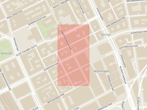 Karta som med röd fyrkant ramar in Kungsgatan, Drottninggatan, Stockholm, Stockholms län