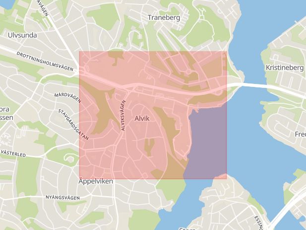 Karta som med röd fyrkant ramar in Alvik, Kolbäcksvägen, Umeå, Stockholms län