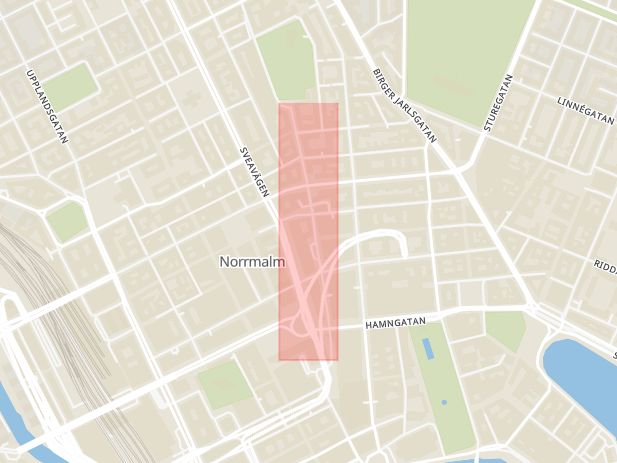 Karta som med röd fyrkant ramar in Malmskillnadsgatan, Vasastaden, Stockholm, Stockholms län