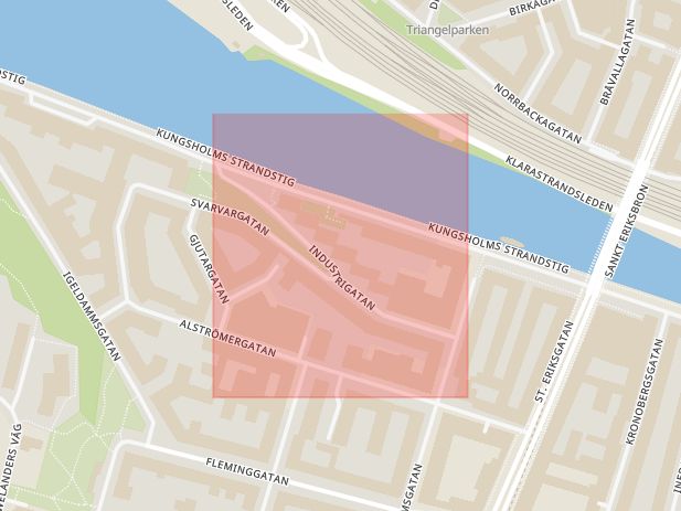 Karta som med röd fyrkant ramar in Industrigatan, Solna, Stockholms län