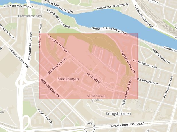 Karta som med röd fyrkant ramar in Stadshagen, Sankt Göransgatan, Stockholm, Stockholms län