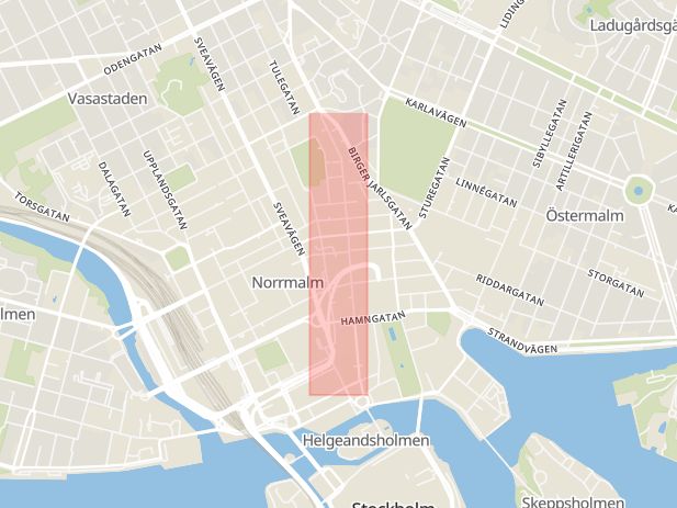 Karta som med röd fyrkant ramar in Regeringsgatan, Stockholm, Stockholms län
