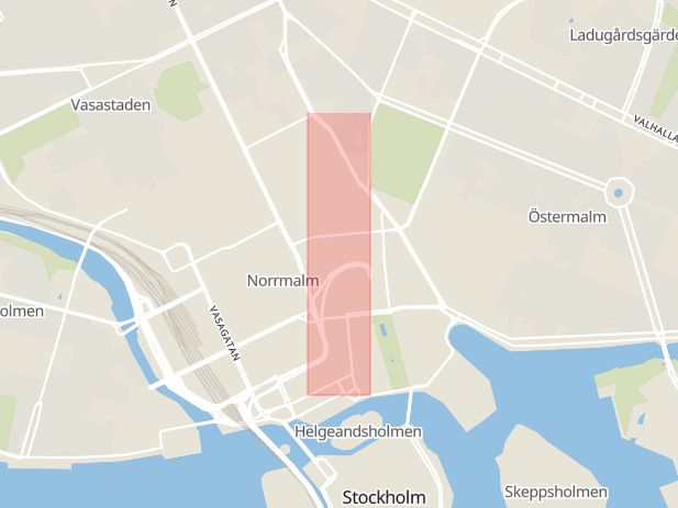 Karta som med röd fyrkant ramar in Norrmalm, Regeringsgatan, Stockholm, Stockholms län