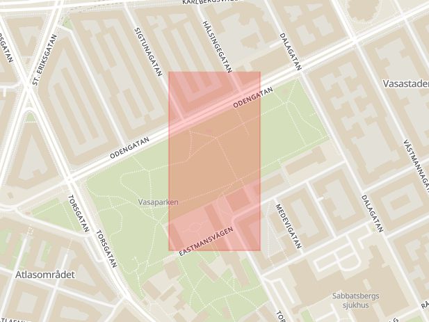Karta som med röd fyrkant ramar in Vasastaden, Vasaparken, Stockholm, Stockholms län