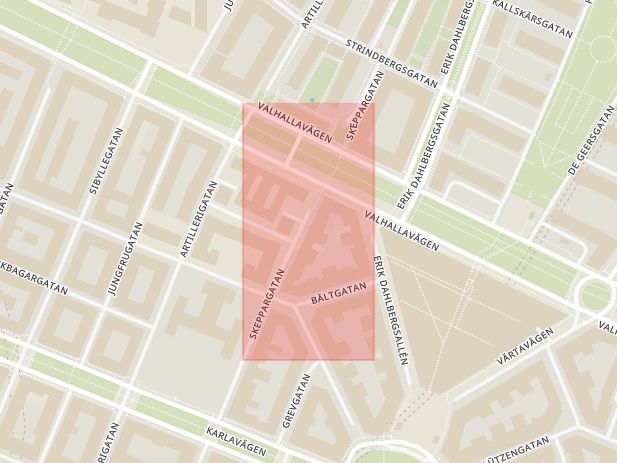 Karta som med röd fyrkant ramar in Östermalm, Norrmalm, Hötorget, Karlaplan, Stockholm, Stockholms län