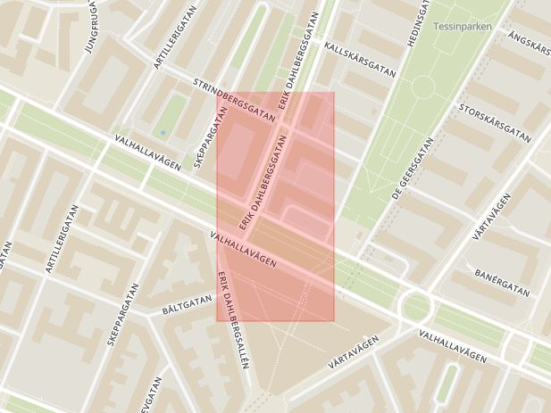 Karta som med röd fyrkant ramar in Östermalm, Erik Dahlbergsgatan, Tessinparken, Stockholm, Stockholms län