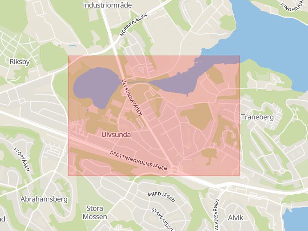 Karta som med röd fyrkant ramar in Ulvsundasjön, Stockholm, Stockholms län