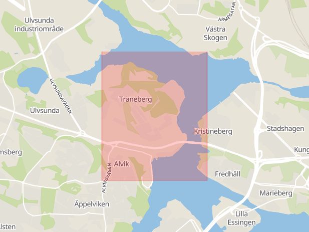 Karta som med röd fyrkant ramar in Östermalm, Traneberg, Stockholm, Stockholms län