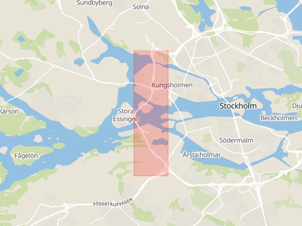 Karta som med röd fyrkant ramar in Essingeleden, Vårberg, Stockholm, Stockholms län
