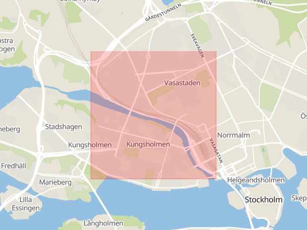 Karta som med röd fyrkant ramar in Klarastrandsleden, Norrmalm, Stockholm, Stockholms län