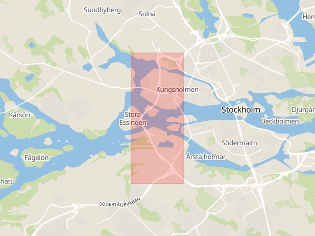 Karta som med röd fyrkant ramar in Essingeleden, Södra Länken, Stockholm, Stockholms län