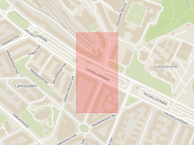 Karta som med röd fyrkant ramar in Valhallavägen, Tekniska Högskolan, Roslagstull, Stockholm, Stockholms län
