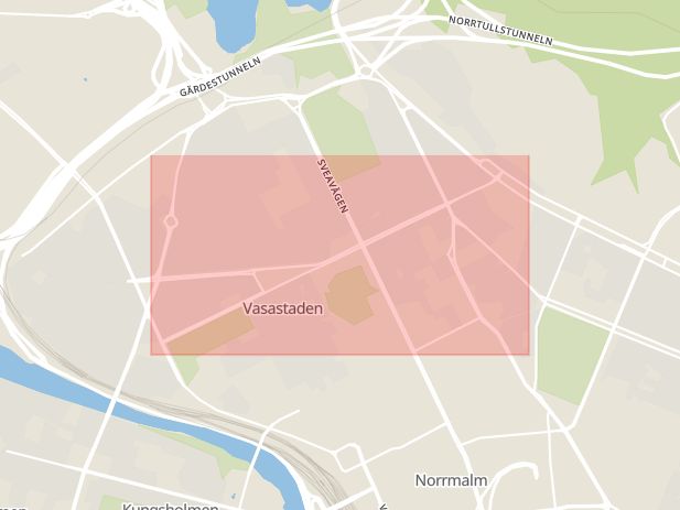 Karta som med röd fyrkant ramar in Odengatan, Stockholm, Stockholms län
