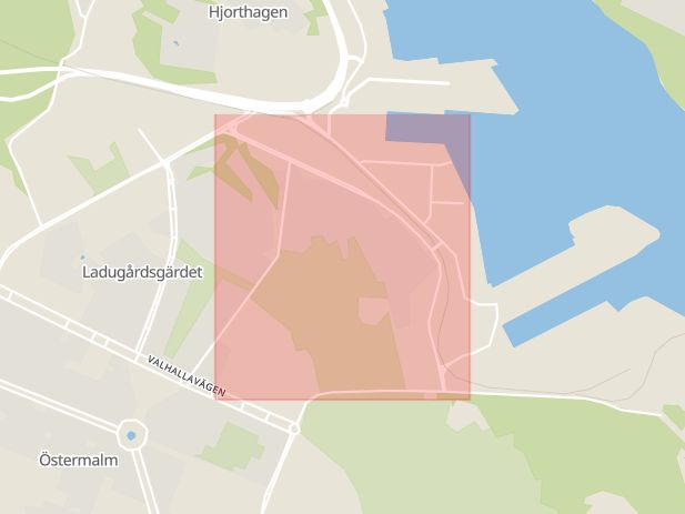 Karta som med röd fyrkant ramar in Östermalm, Tegeluddsvägen, Stockholm, Stockholms län