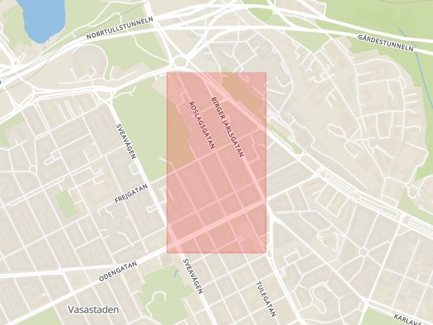 Karta som med röd fyrkant ramar in Roslagsgatan, Vasastaden, Stockholm, Stockholms län