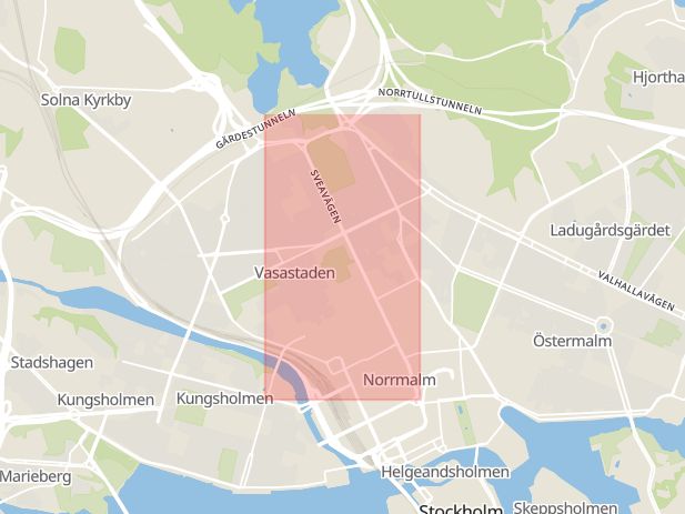 Karta som med röd fyrkant ramar in Norrmalm, Sveavägen, Stockholm, Stockholms län
