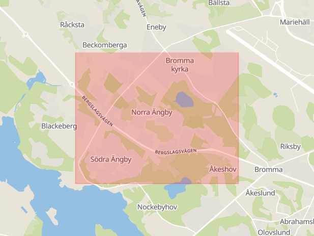 Karta som med röd fyrkant ramar in Norra Ängby, Brommaplan, Stockholm, Stockholms län