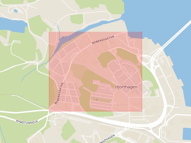 Karta som med röd fyrkant ramar in Hjorthagen, Bobergsgatan, Stockholm, Stockholms län