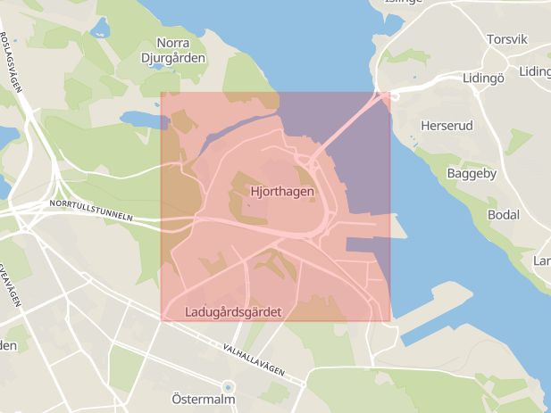 Karta som med röd fyrkant ramar in Östermalm, Lidingövägen, Stockholm, Stockholms län
