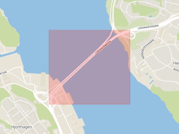 Karta som med röd fyrkant ramar in Lidingöbron, Stockholm, Lidingö, Stockholms län
