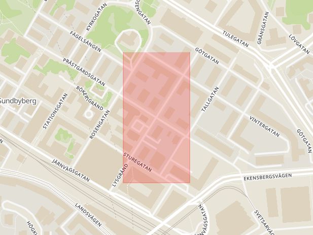 Karta som med röd fyrkant ramar in Centrala Sundbyberg, Prästgårdsgatan, Råstensgatan, Sundbyberg, Stockholms län