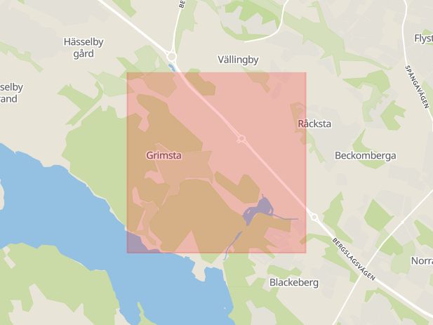 Karta som med röd fyrkant ramar in Grimsta, Vällingby, Stockholms län
