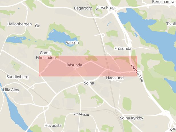 Karta som med röd fyrkant ramar in Råsunda, Duvbo, Solna, Stockholms län