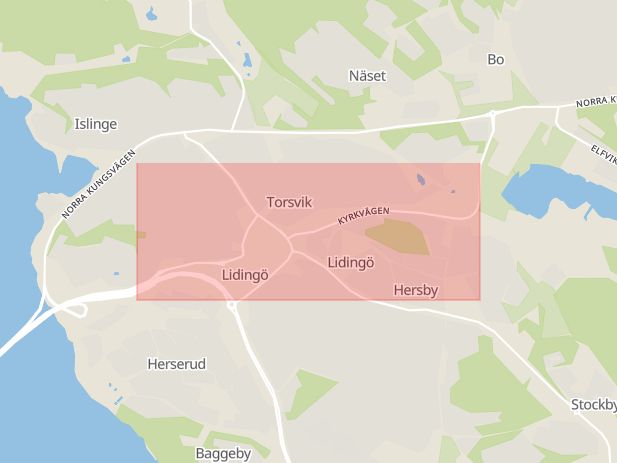 Karta som med röd fyrkant ramar in Torsvik, Stockholmsvägen, Lidingö, Stockholms län