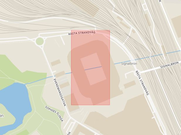 Karta som med röd fyrkant ramar in Solna, Friends Arena, Stockholm, Brände, Stockholms län