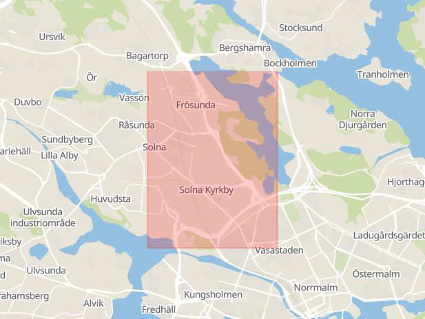 Karta som med röd fyrkant ramar in Hagalund, Hagaparken, Solna, Stockholms län