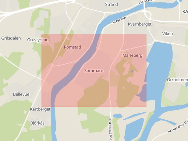 Karta som med röd fyrkant ramar in Sommaro, Eljusspåret, Karlstad, Värmlands län
