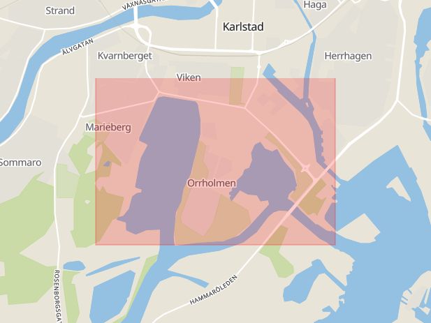 Karta som med röd fyrkant ramar in Udden, Orrholmen, Karlstad, Värmlands län