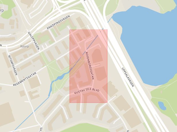 Karta som med röd fyrkant ramar in Rosenbergsgatan, Solna, Stockholms län