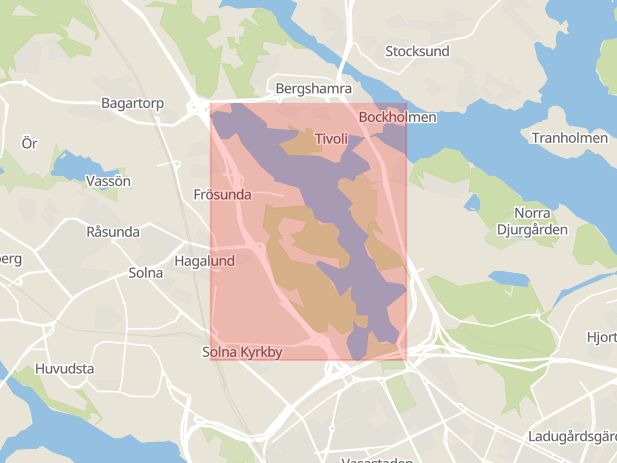 Karta som med röd fyrkant ramar in Brunnsviken, Solna, Stockholms län