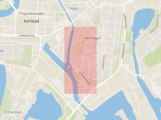 Karta som med röd fyrkant ramar in Herrhagen, Strandvägen, Karlstad, Värmlands län