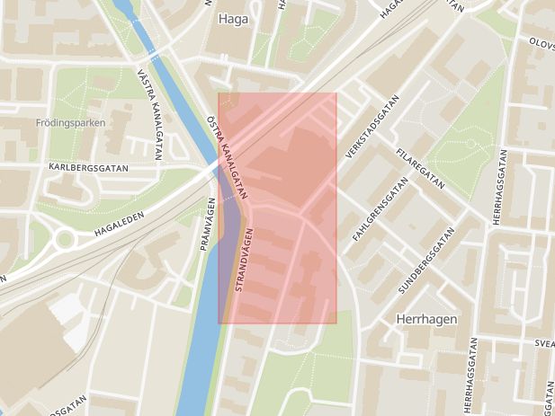 Karta som med röd fyrkant ramar in Herrhagen, Nöjesfabriken, Karlstad, Värmlands län