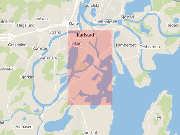 Karta som med röd fyrkant ramar in Hammaröleden, Våxnäsmotet, Karlstad, Värmlands län