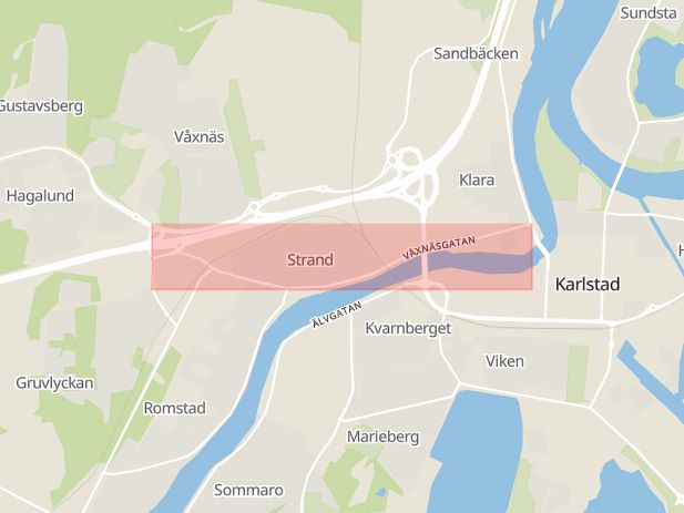 Karta som med röd fyrkant ramar in Våxnäsgatan, Gruvlyckan, Karlstad, Värmlands län