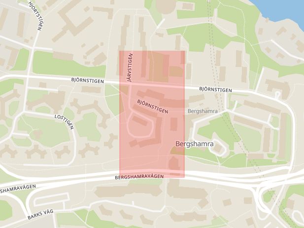 Karta som med röd fyrkant ramar in Bergshamra, Trafikplats Bergshamra, Solna, Stockholms län