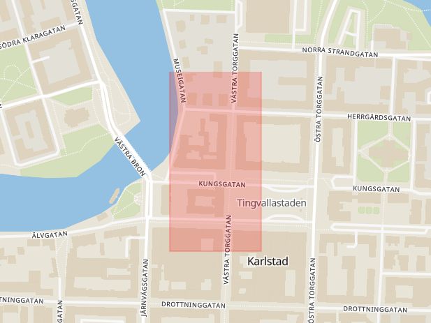 Karta som med röd fyrkant ramar in Brogatan, Citygrillen, Tempel, Karlstad, Värmlands län