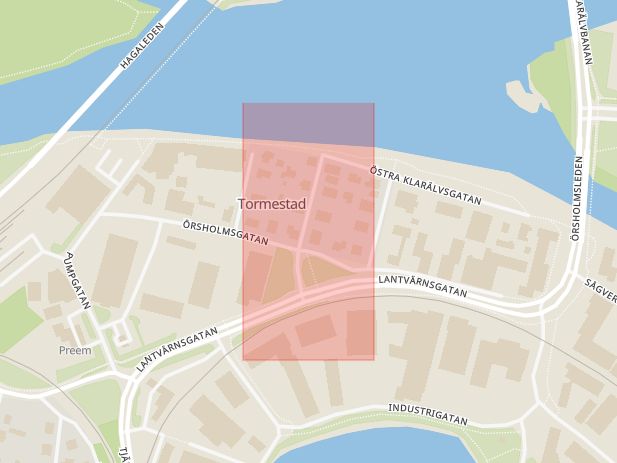 Karta som med röd fyrkant ramar in Tormestad, Smålandsgatan, Karlstad, Värmlands län