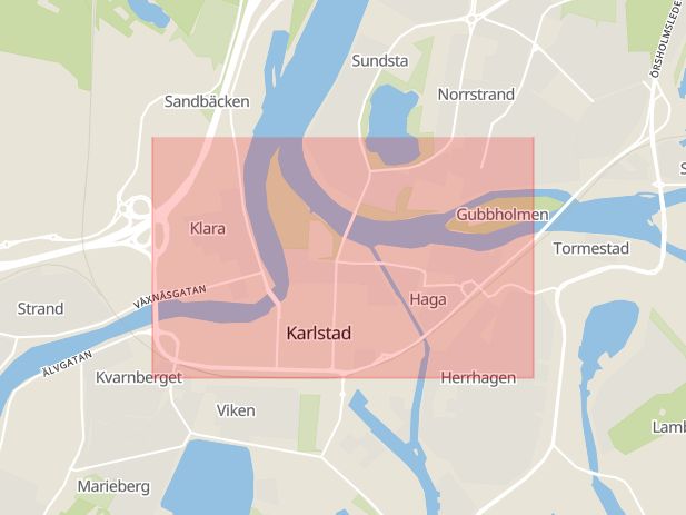 Karta som med röd fyrkant ramar in Karlstad, Tingvallastaden, Sunne, Torsberg, Säffle, Nybble, Värmlands län