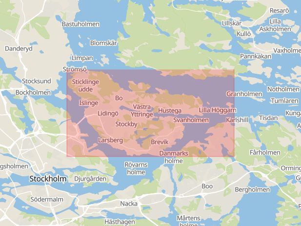 Karta som med röd fyrkant ramar in Friggavägen, Fokus, Lidingö, Stockholms län