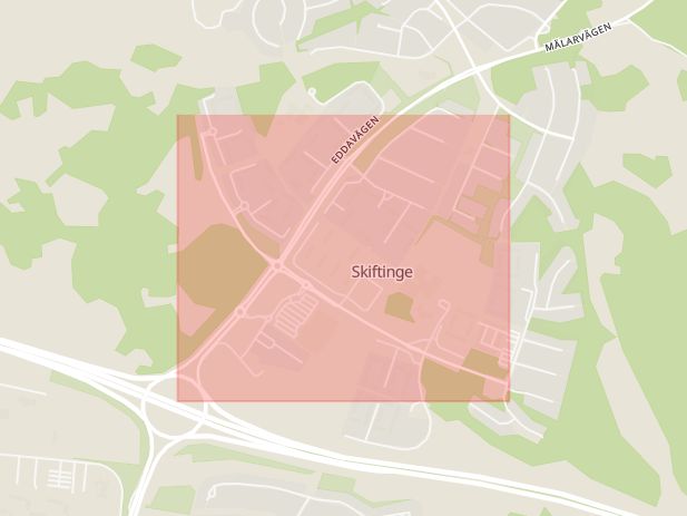 Karta som med röd fyrkant ramar in Skiftinge, Karl Hovbergsgatan, Eskilstuna, Södermanlands län