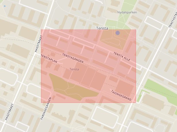 Karta som med röd fyrkant ramar in Tenstagången, Stockholms län