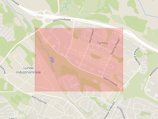 Karta som med röd fyrkant ramar in Tensta, Hjulstarondellen, Tenstavägen, Taxingegränd, Stockholm, Stockholms län