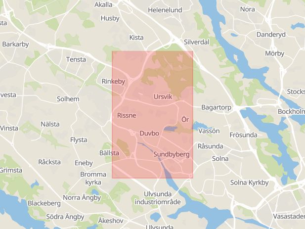 Karta som med röd fyrkant ramar in Spånga, Sundbyberg, Stockholm, Stockholms län