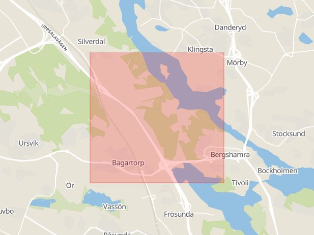 Karta som med röd fyrkant ramar in Ulriksdal, Aspudden, Solna, Stockholms län