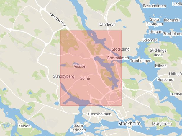 Karta som med röd fyrkant ramar in Stockholms Län, Solna Kommun, Stockholm, Stockholms län